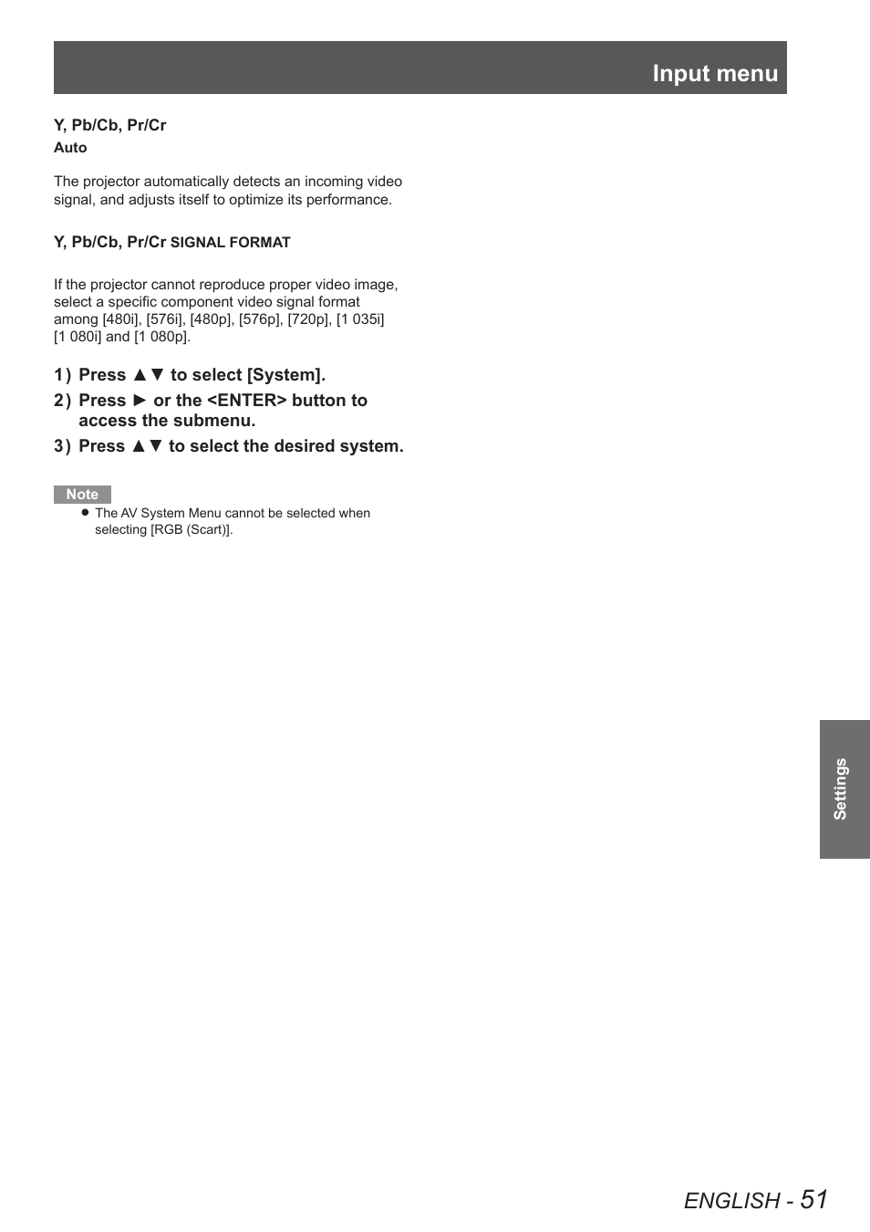 Input menu, English | Panasonic PT-EW630U User Manual | Page 51 / 118