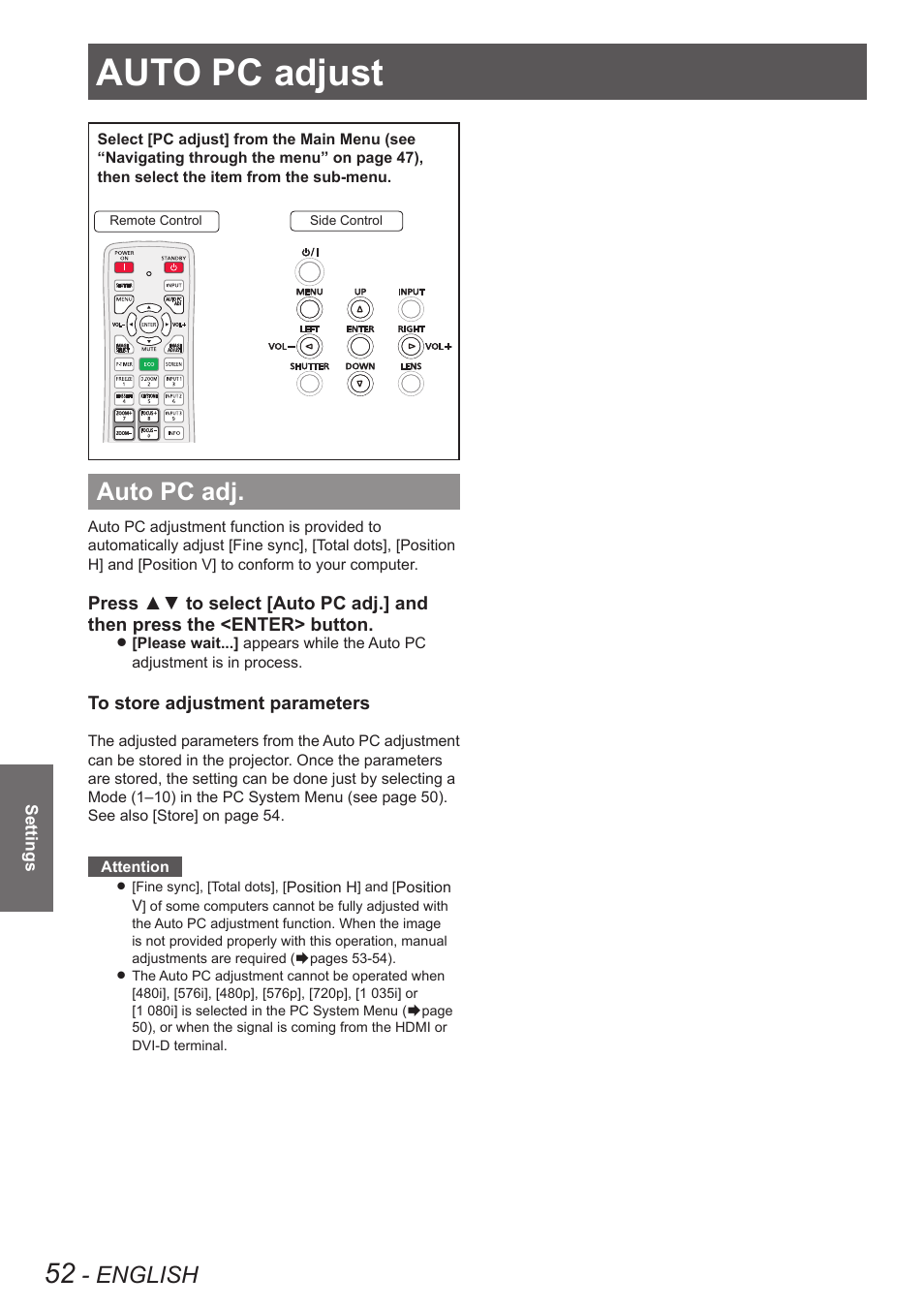 Auto pc adjust, Auto pc adj, English | Panasonic PT-EW630U User Manual | Page 52 / 118
