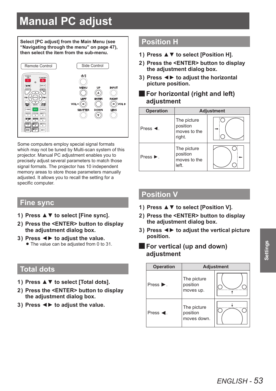 Manual pc adjust, Fine sync, Total dots | Position h, Position v, Fine sync total dots position h position v, English, For horizontal (right and left), Adjustment, For vertical (up and down) | Panasonic PT-EW630U User Manual | Page 53 / 118