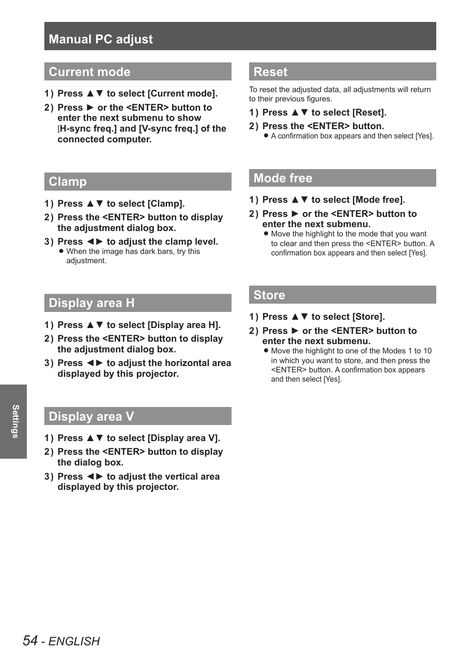 Current mode, Clamp, Display area h | Display area v, Reset, Mode free, Store, Manual pc adjust, English | Panasonic PT-EW630U User Manual | Page 54 / 118