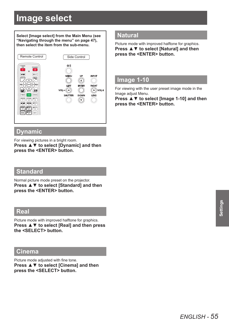 Image select, Dynamic, Standard | Real, Cinema, Natural, Image 1-10, Dynamic standard real cinema natural, English | Panasonic PT-EW630U User Manual | Page 55 / 118