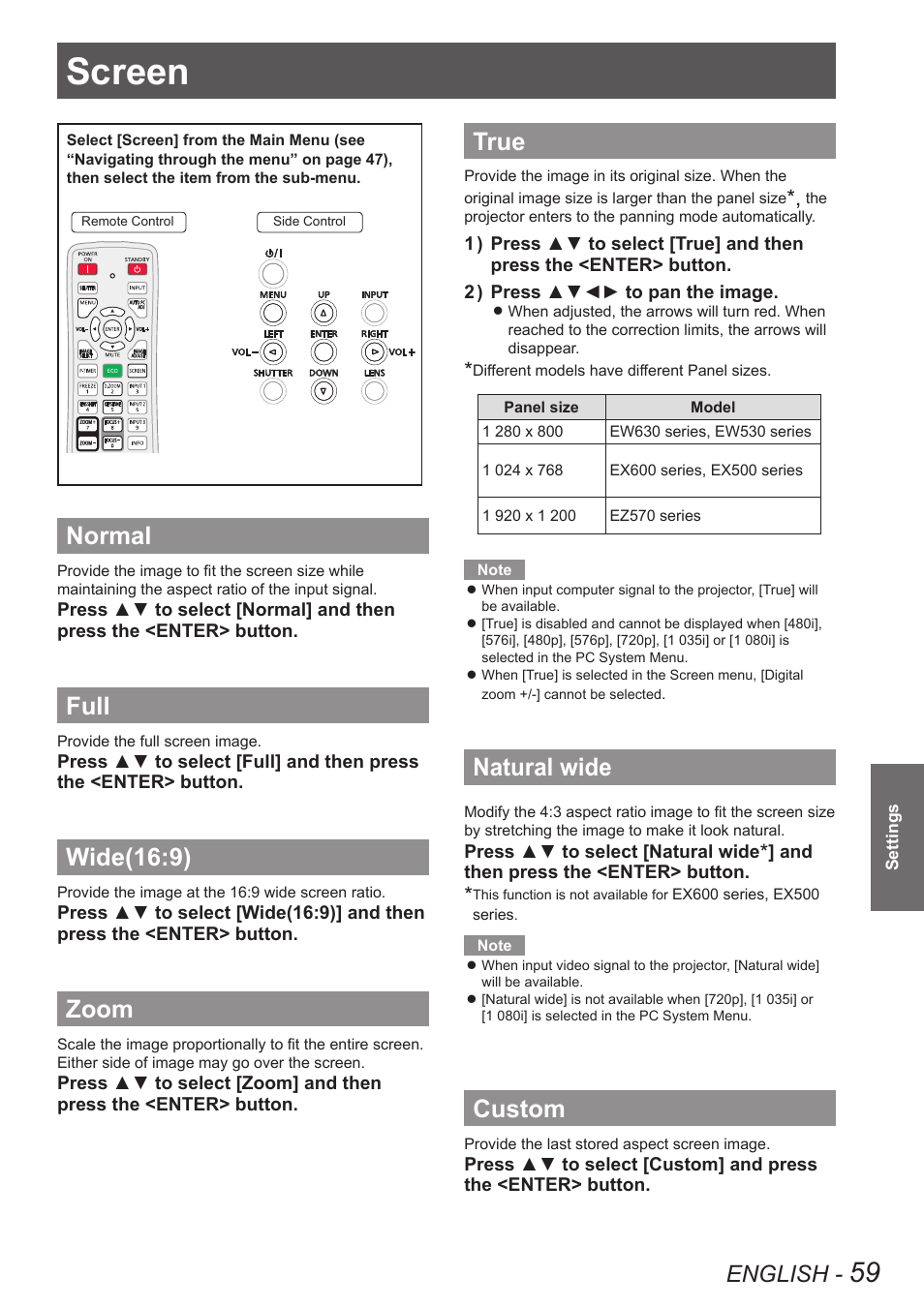 Normal, Full, Wide(16:9) | Zoom, True, Natural wide, Custom, Screen, English | Panasonic PT-EW630U User Manual | Page 59 / 118