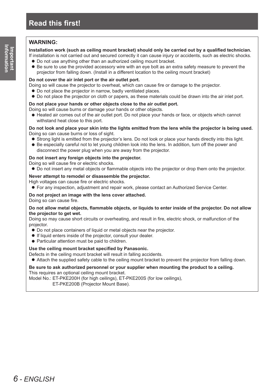 Read this first, English | Panasonic PT-EW630U User Manual | Page 6 / 118