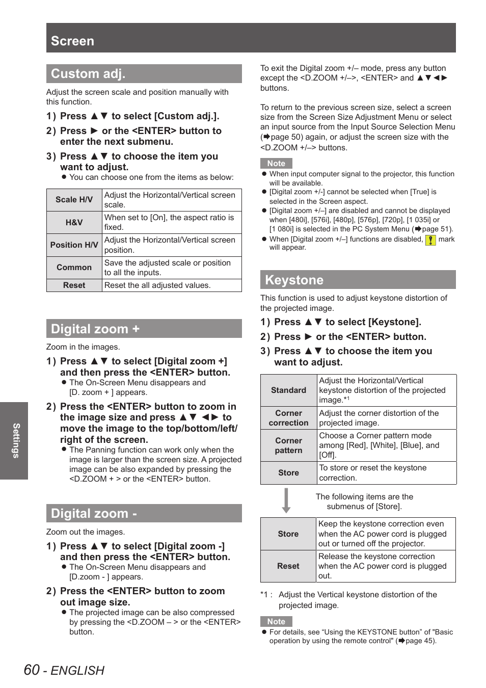 Custom adj, Digital zoom, Keystone | Custom adj digital zoom + digital zoom keystone, Screen, English | Panasonic PT-EW630U User Manual | Page 60 / 118