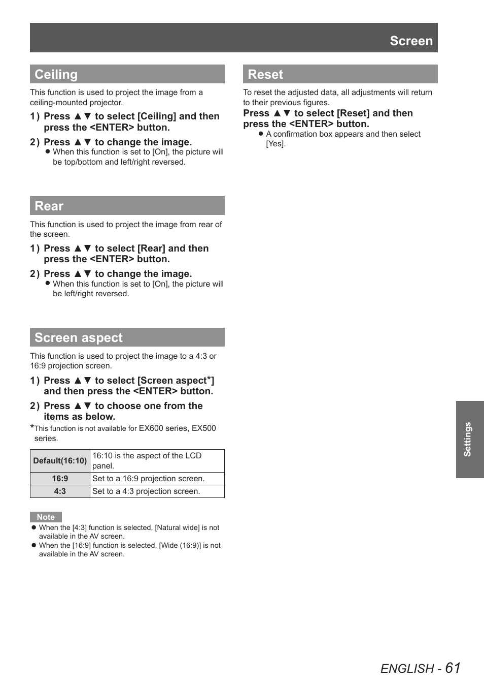 Ceiling, Rear, Screen aspect | Reset, Ceiling rear screen aspect reset, Screen, English | Panasonic PT-EW630U User Manual | Page 61 / 118