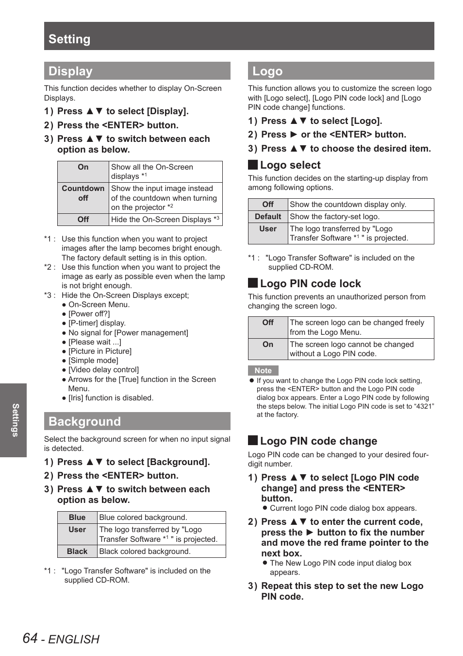 Display, Background, Logo | Display background logo, Setting, English, Logo select, Logo pin code lock, Logo pin code change | Panasonic PT-EW630U User Manual | Page 64 / 118