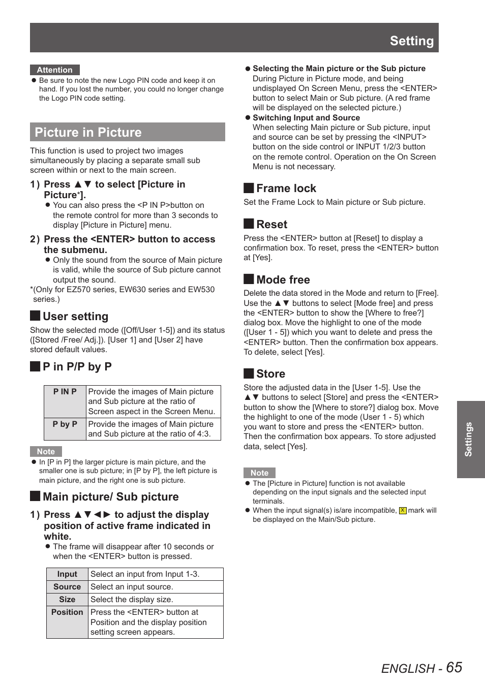 Picture in picture, Setting, English | User setting, P in p/p by p, Main picture/ sub picture, Frame lock, Reset, Mode free, Store | Panasonic PT-EW630U User Manual | Page 65 / 118