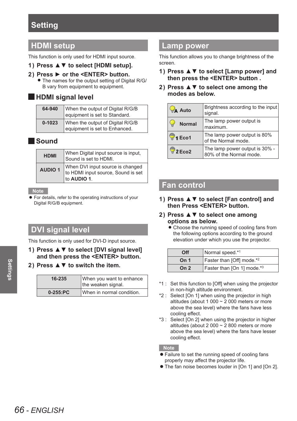 Hdmi setup, Dvi signal level, Lamp power | Fan control, Hdmi setup dvi signal level lamp power fan control, Setting, English, Hdmi signal level, Sound | Panasonic PT-EW630U User Manual | Page 66 / 118
