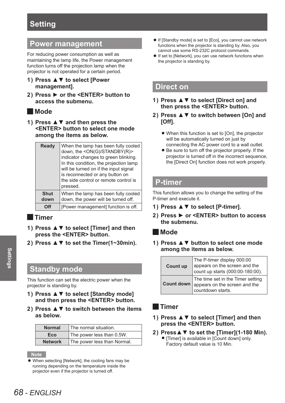 Power management, Standby mode, Direct on | P-timer, Power management standby mode direct on p-timer, Setting, English, Mode, Timer | Panasonic PT-EW630U User Manual | Page 68 / 118