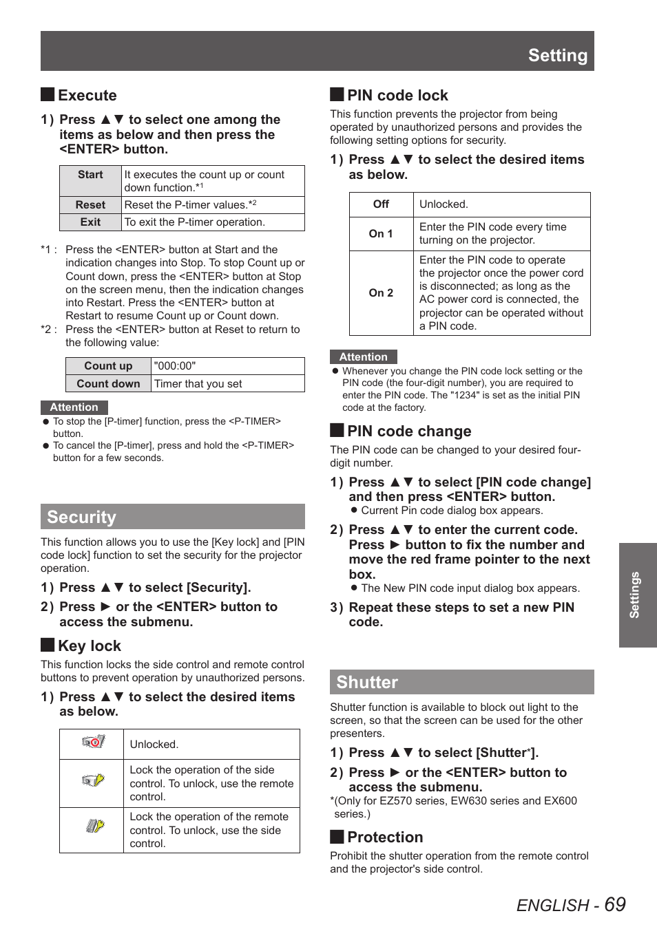 Security, Shutter, Security shutter | Setting, English, Execute, Key lock, Pin code lock, Pin code change, Protection | Panasonic PT-EW630U User Manual | Page 69 / 118