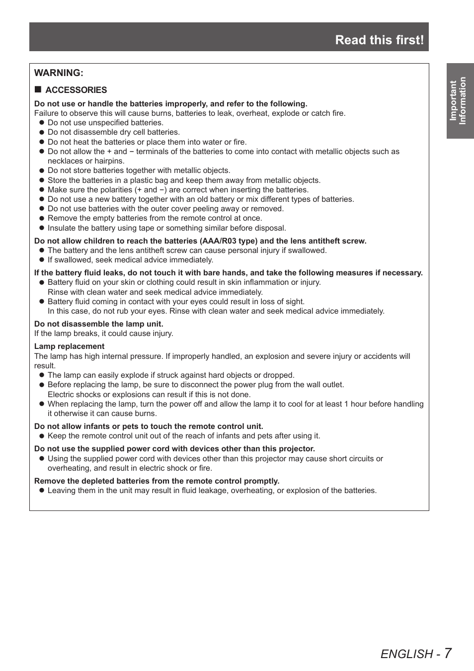 Read this first, English | Panasonic PT-EW630U User Manual | Page 7 / 118