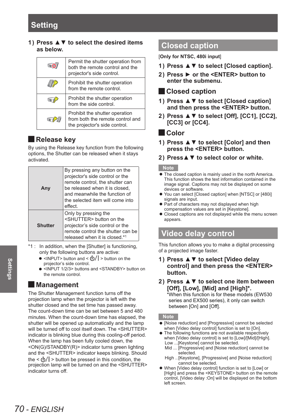 Closed caption, Video delay control, Closed caption video delay control | Setting, English, Release key, Management, Color | Panasonic PT-EW630U User Manual | Page 70 / 118