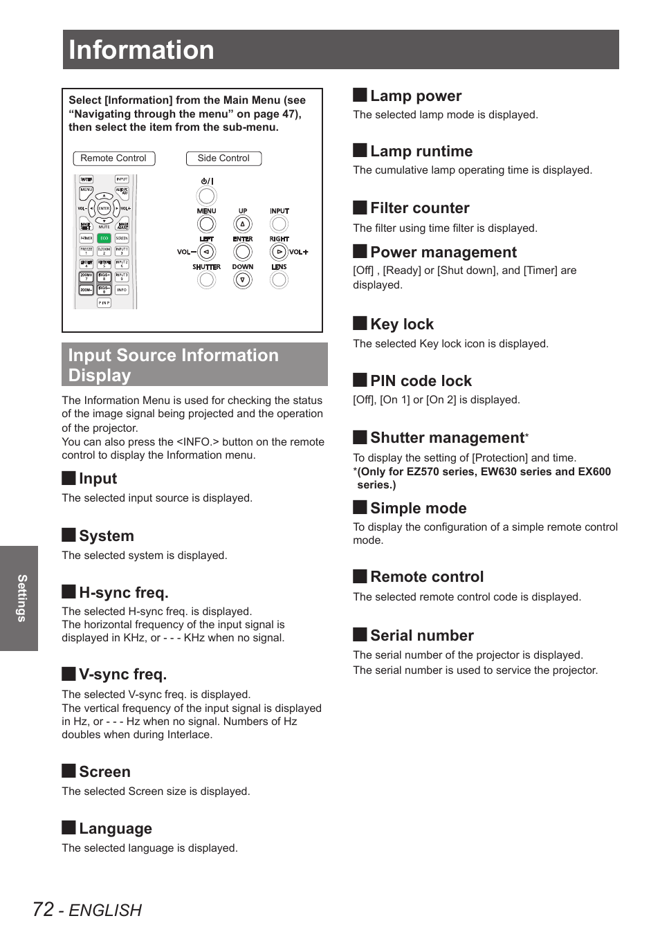 Information, Input source information display, English | Panasonic PT-EW630U User Manual | Page 72 / 118