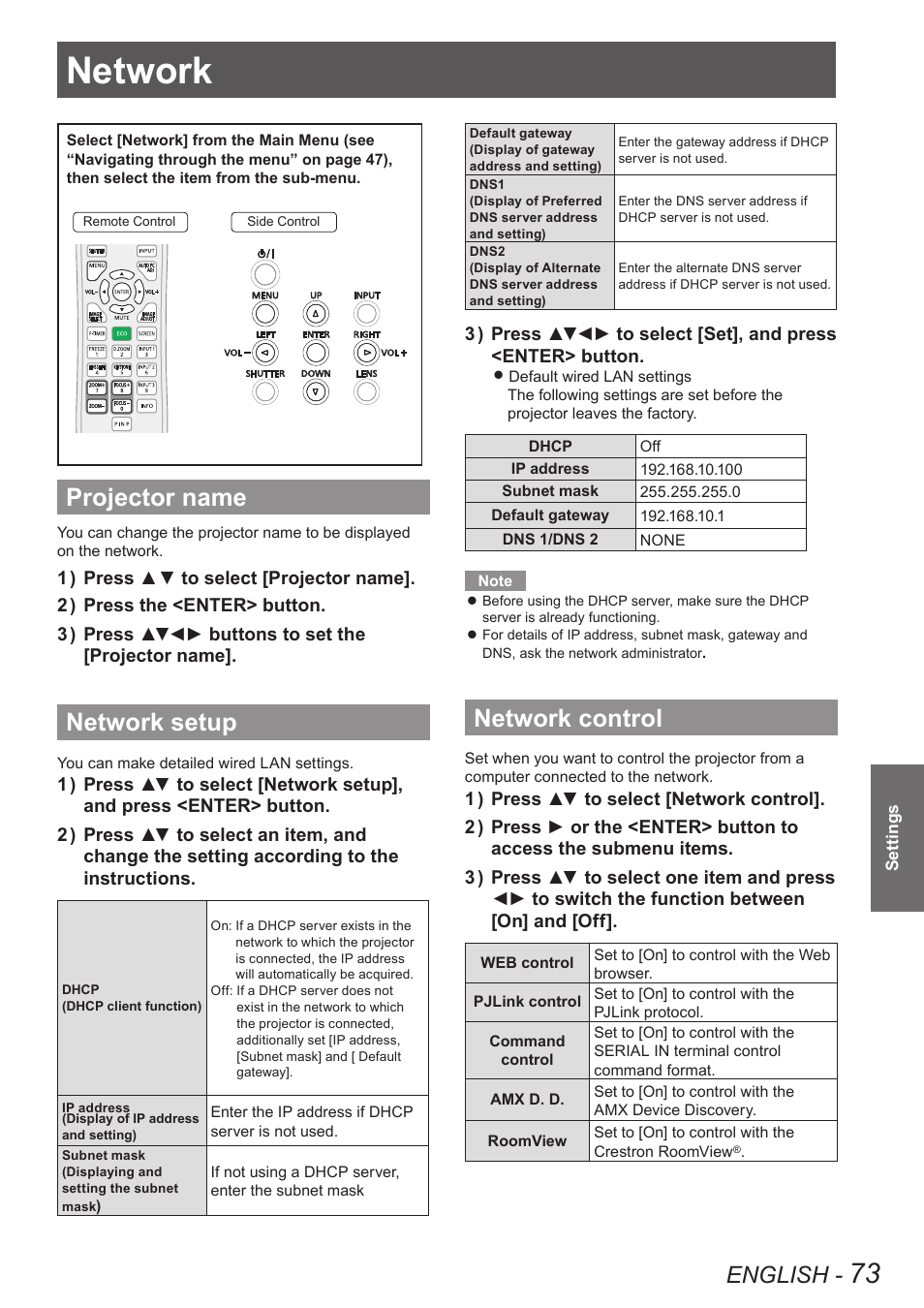 Network, Projector name, Network setup | Network control, Projector name network setup network control, English | Panasonic PT-EW630U User Manual | Page 73 / 118