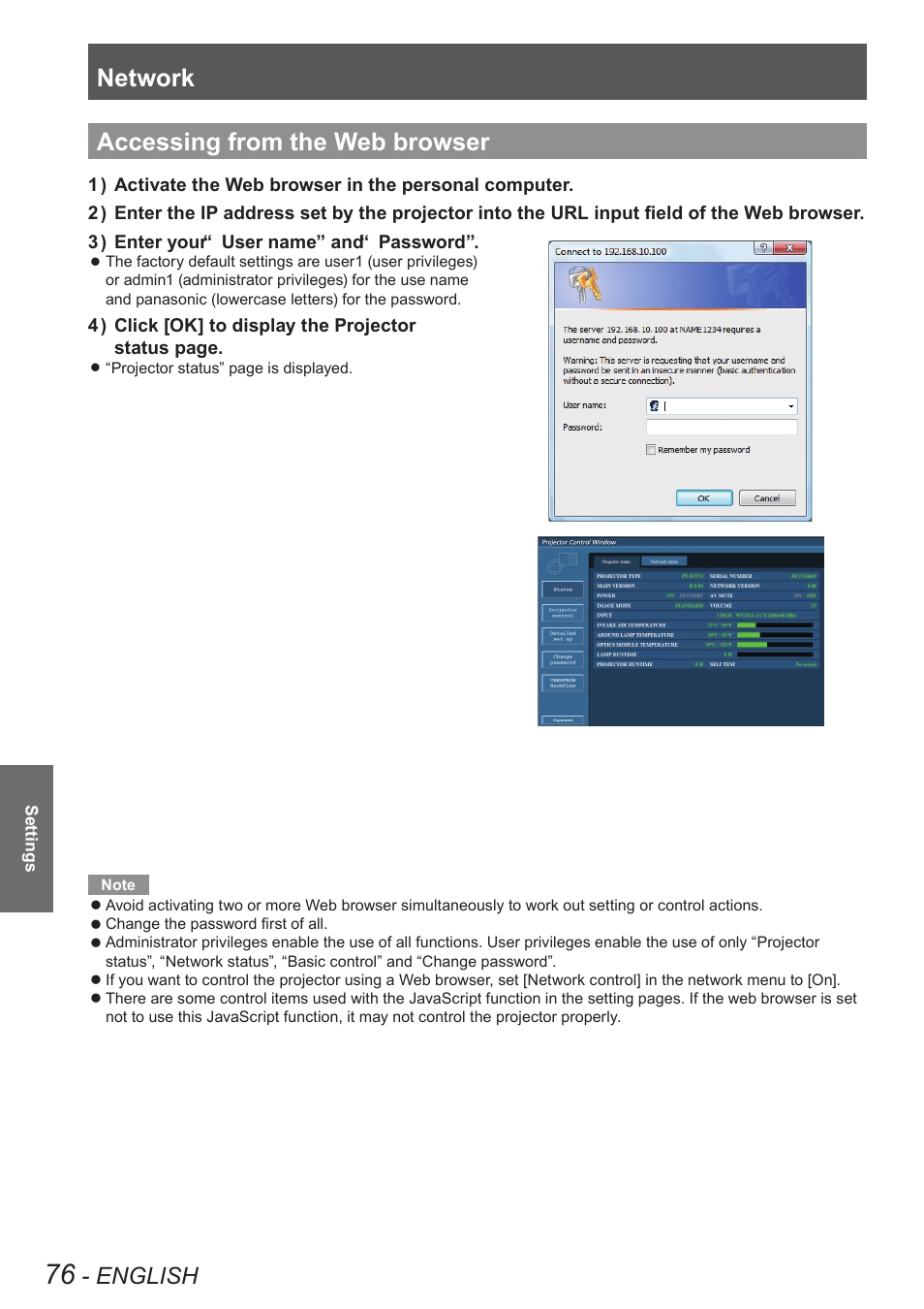 Accessing from the web browser, Network, English | Panasonic PT-EW630U User Manual | Page 76 / 118