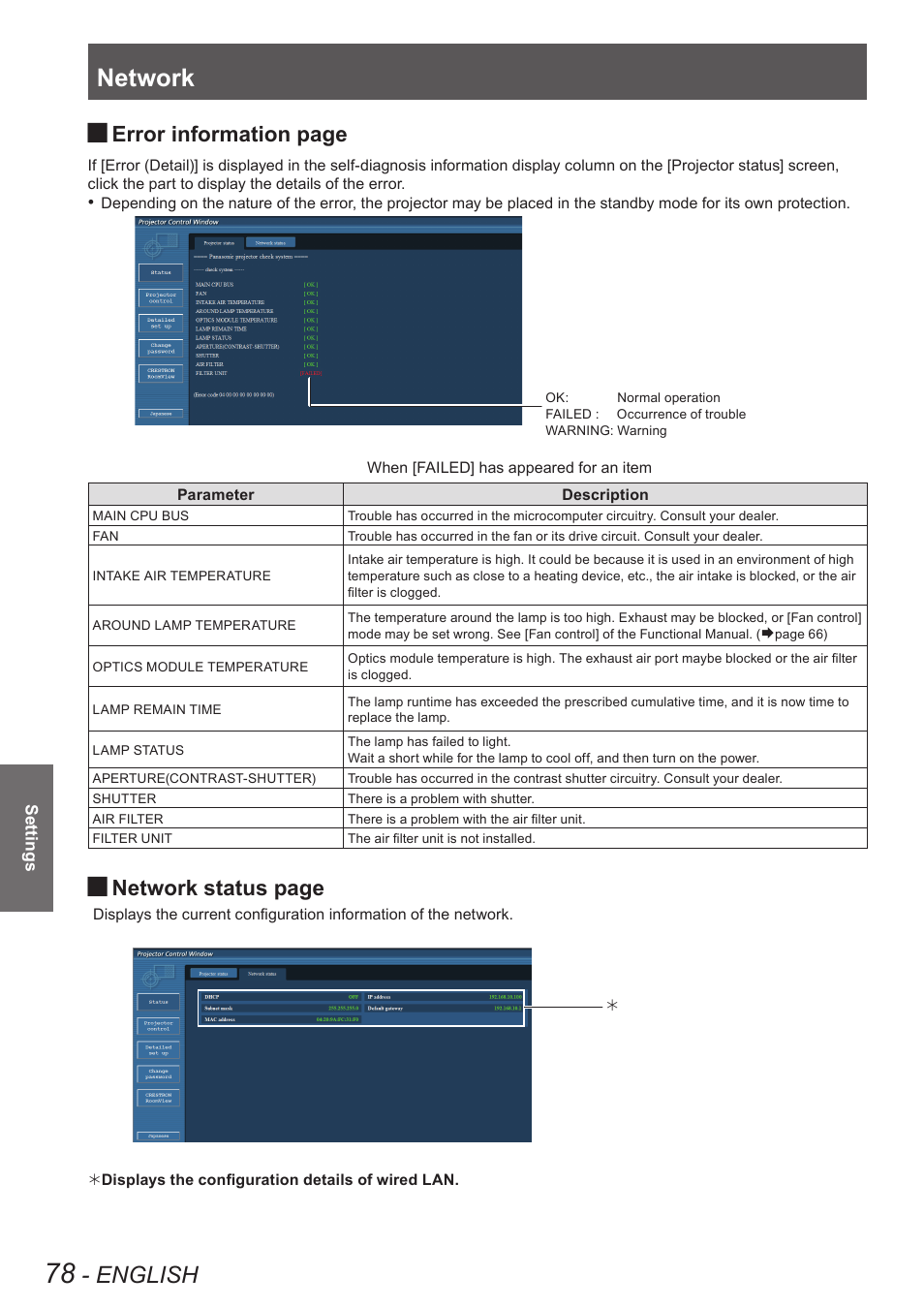 Network, English, Error information page | Network status page | Panasonic PT-EW630U User Manual | Page 78 / 118