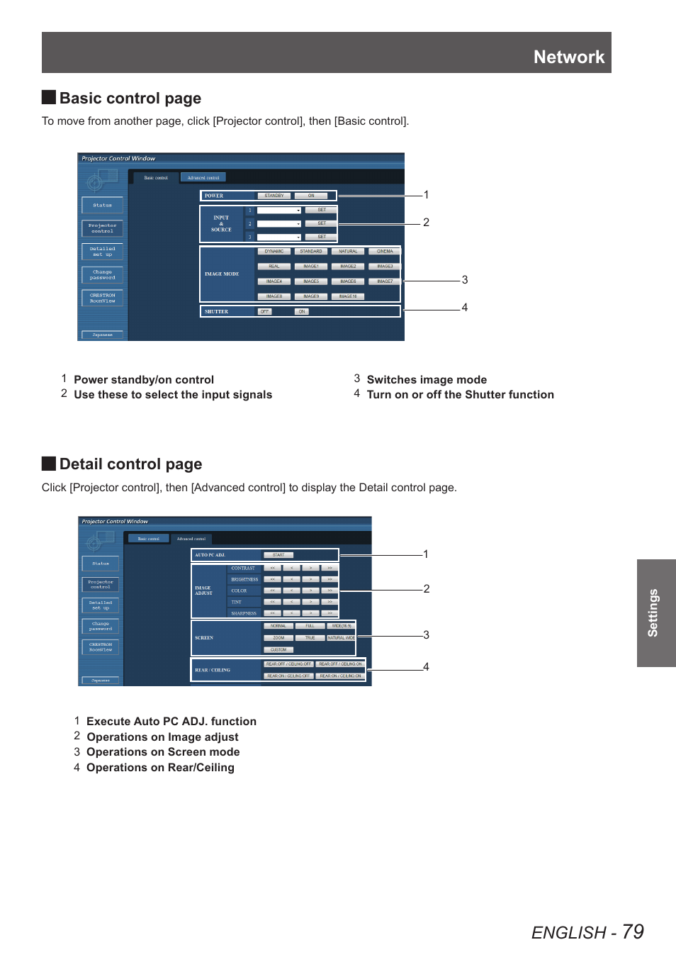 Network, English, Basic control page | Detail control page | Panasonic PT-EW630U User Manual | Page 79 / 118