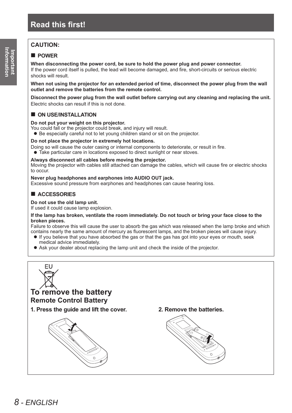 Read this first, English, Remote control battery | Panasonic PT-EW630U User Manual | Page 8 / 118