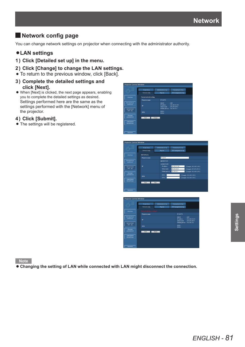 Network, English, Network config page | Panasonic PT-EW630U User Manual | Page 81 / 118