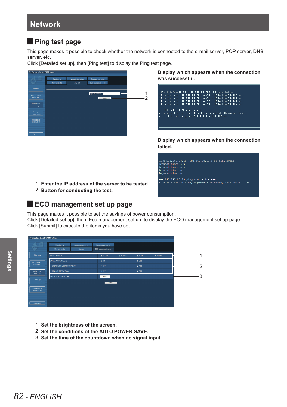 Network, English, Ping test page | Eco management set up page | Panasonic PT-EW630U User Manual | Page 82 / 118