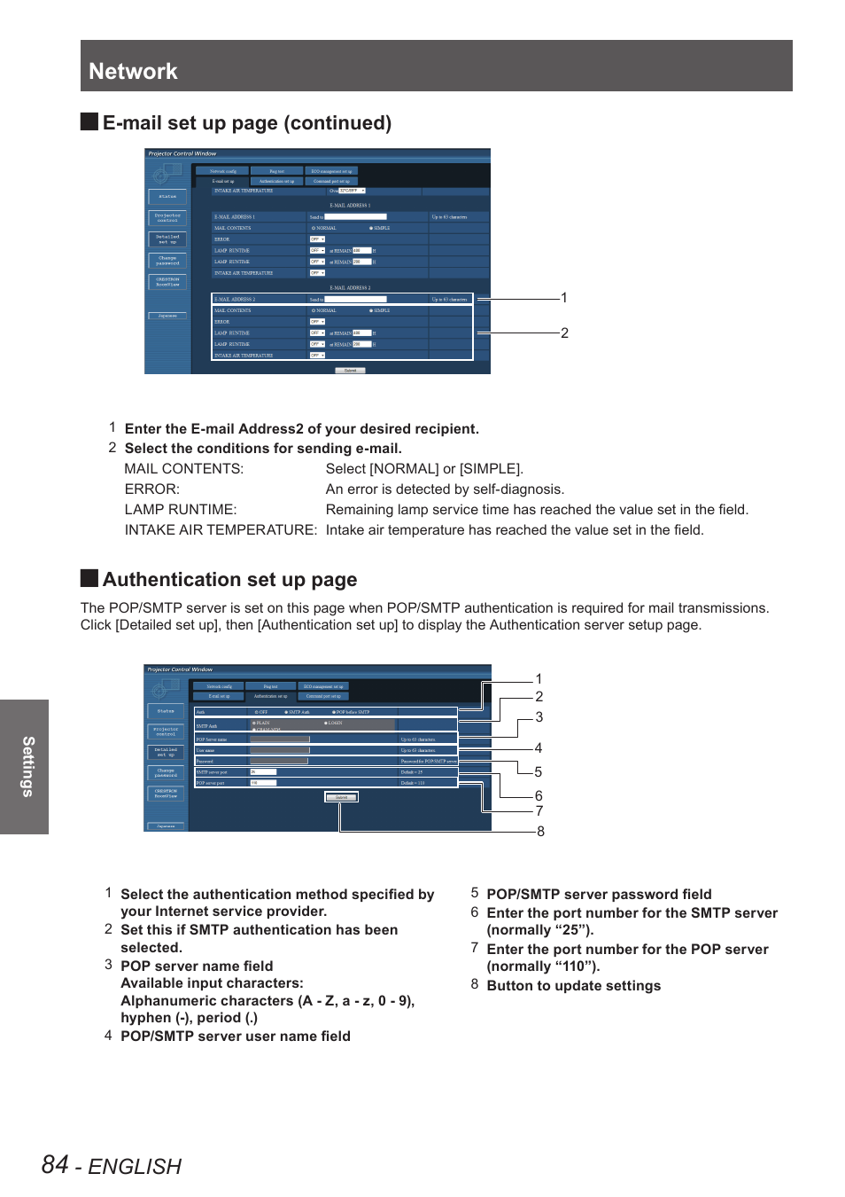 Network, English, E-mail set up page (continued) | Authentication set up page | Panasonic PT-EW630U User Manual | Page 84 / 118