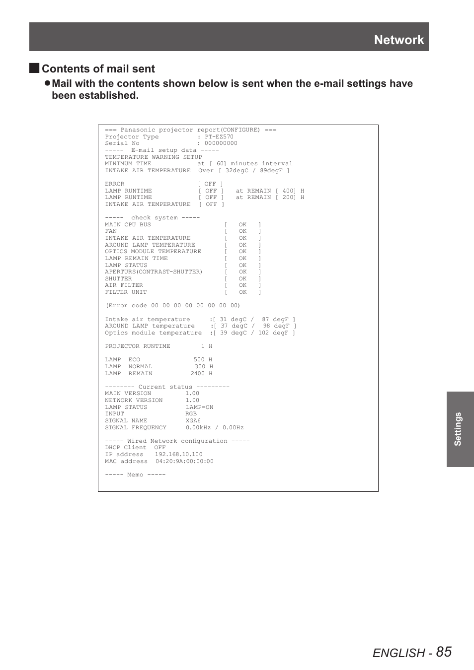 Network, English, Contents of mail sent | Been established | Panasonic PT-EW630U User Manual | Page 85 / 118
