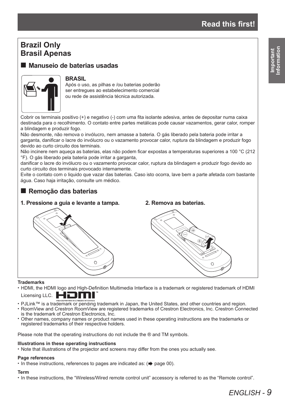 Read this first, Brazil only brasil apenas, English | Manuseio de baterias usadas, Remoção das baterias | Panasonic PT-EW630U User Manual | Page 9 / 118