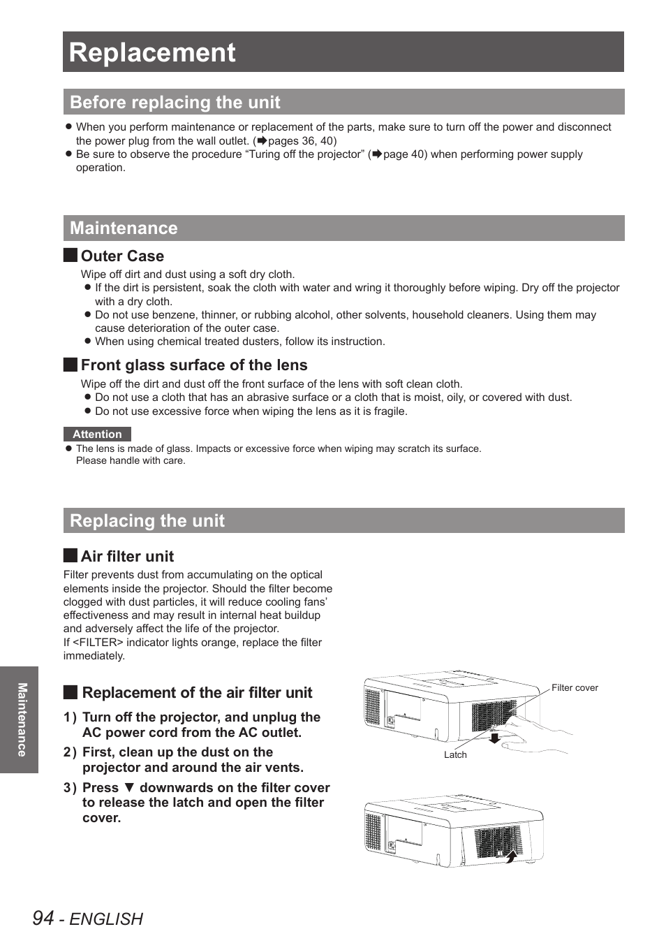 Replacement, Before replacing the unit, Maintenance | Replacing the unit, English, Outer case, Front glass surface of the lens, Air filter unit, Replacement of the air filter unit | Panasonic PT-EW630U User Manual | Page 94 / 118