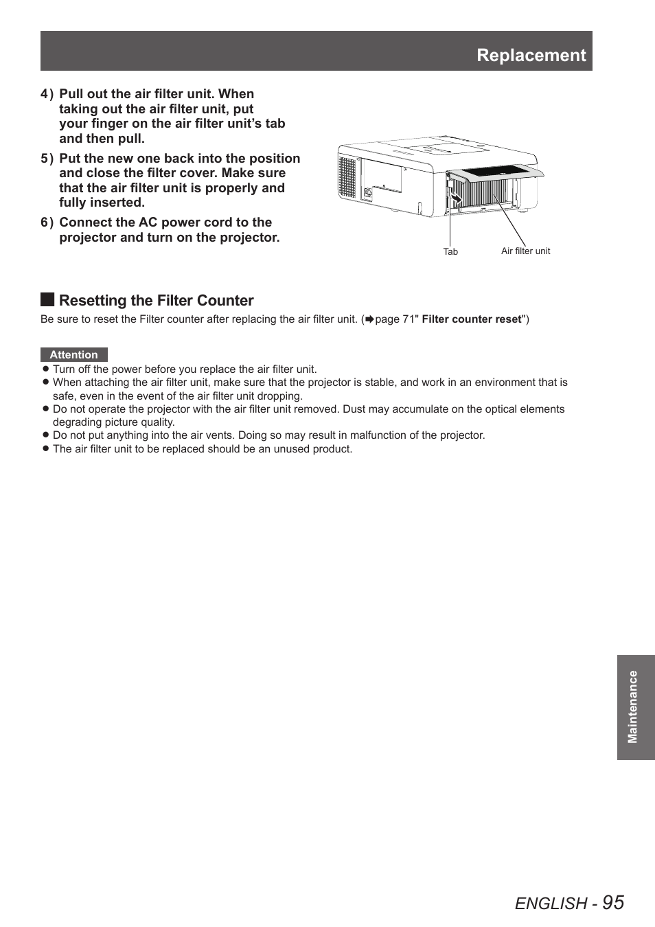 Replacement, English, Resetting the filter counter | Panasonic PT-EW630U User Manual | Page 95 / 118