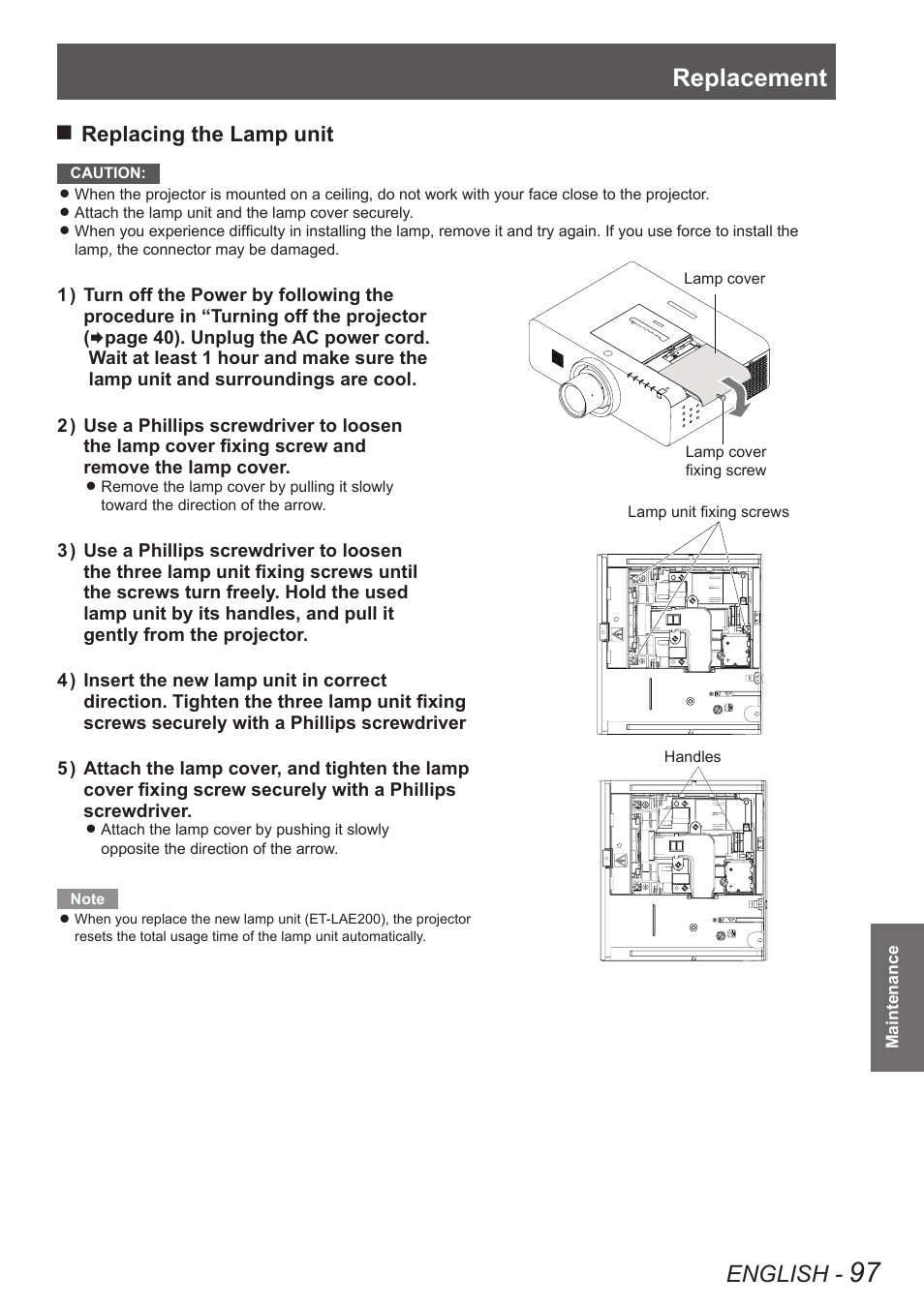 Replacement, English, Replacing the lamp unit | Panasonic PT-EW630U User Manual | Page 97 / 118