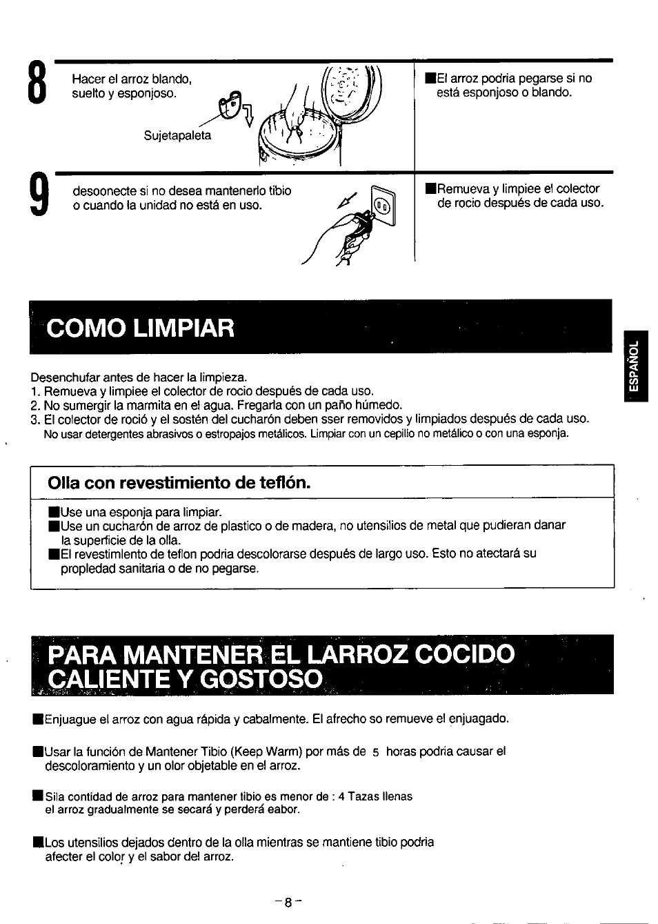 Como limpiar, Para mantener el larroz cocido caliente y costoso, Olla con revestimiento de teflón | Panasonic SR-SH15PA User Manual | Page 9 / 12