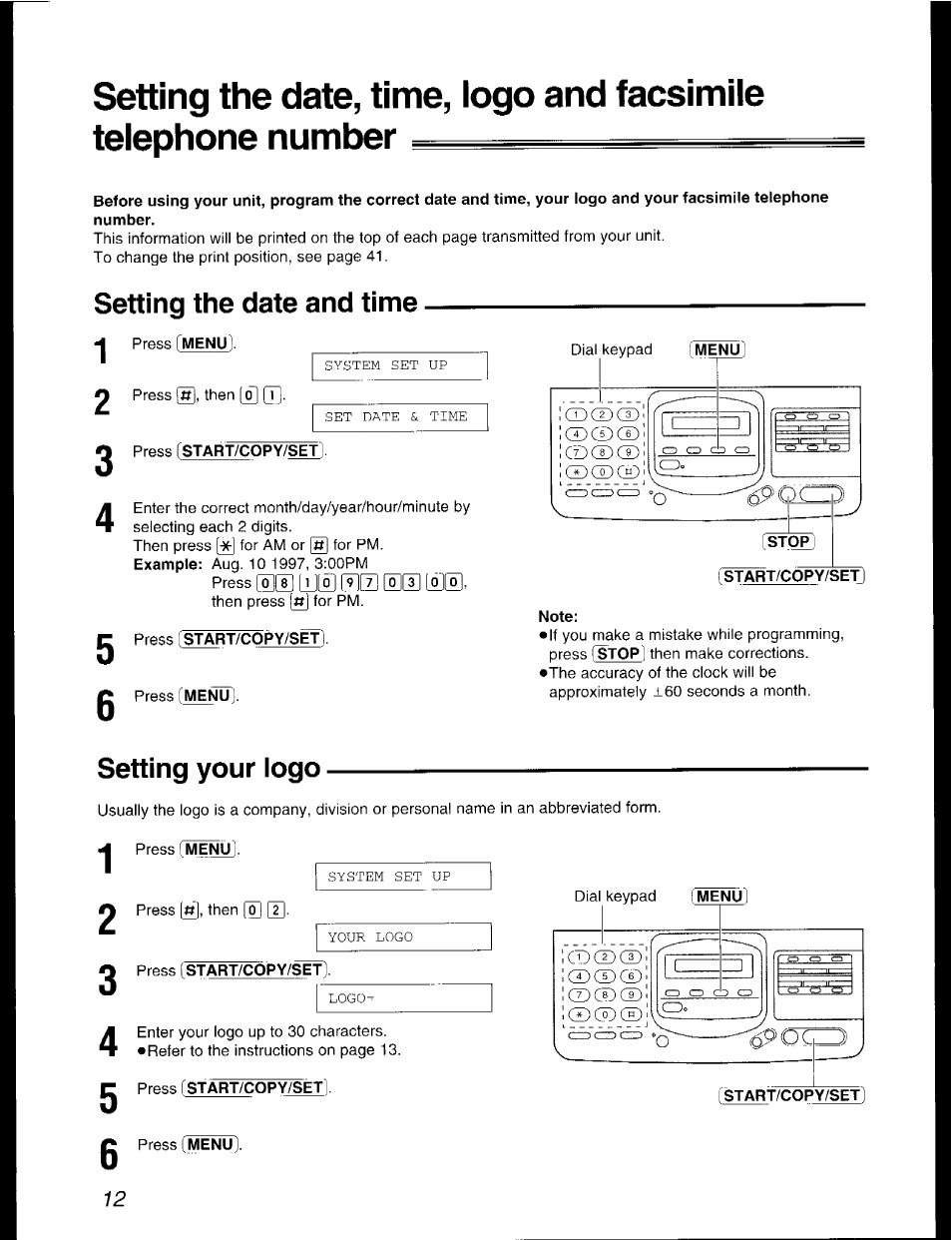 Setting the date and time 1 2, Press istart/copy/setl, Press start/copy/set | Note, Setting your logo, Press [start/copy/set), Start/copy/set, Setting the date and time | Panasonic KX-F2781AL User Manual | Page 12 / 84