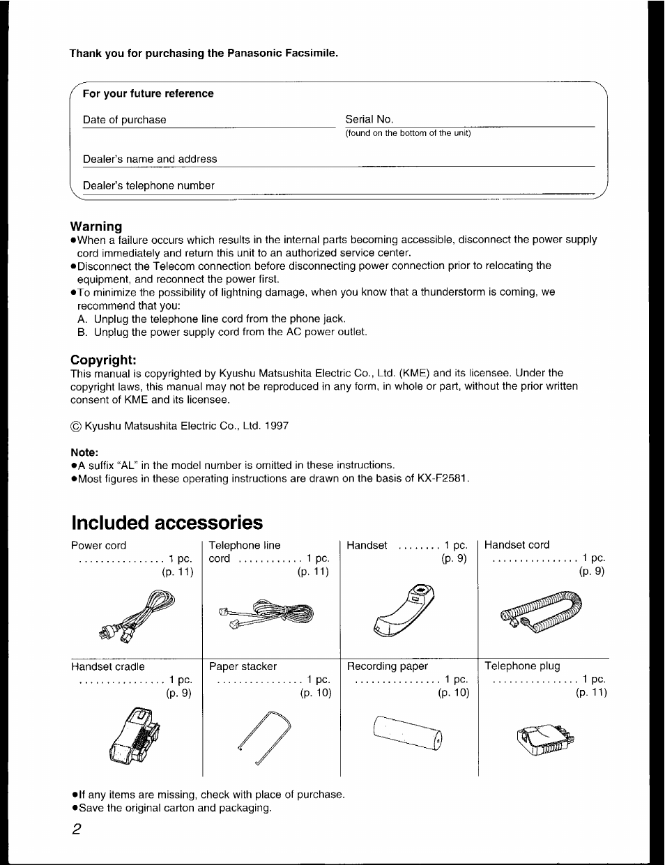 Thank you for purchasing the panasonic facsimiie, For your future reference, Note | Included accessories | Panasonic KX-F2781AL User Manual | Page 2 / 84