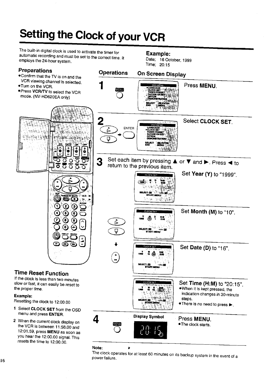 Setting the clock of your vcr, Example, Preparations | Time reset function, Operations on screen display, Select clock set, Press menu | Panasonic NV-HD620 User Manual | Page 16 / 38