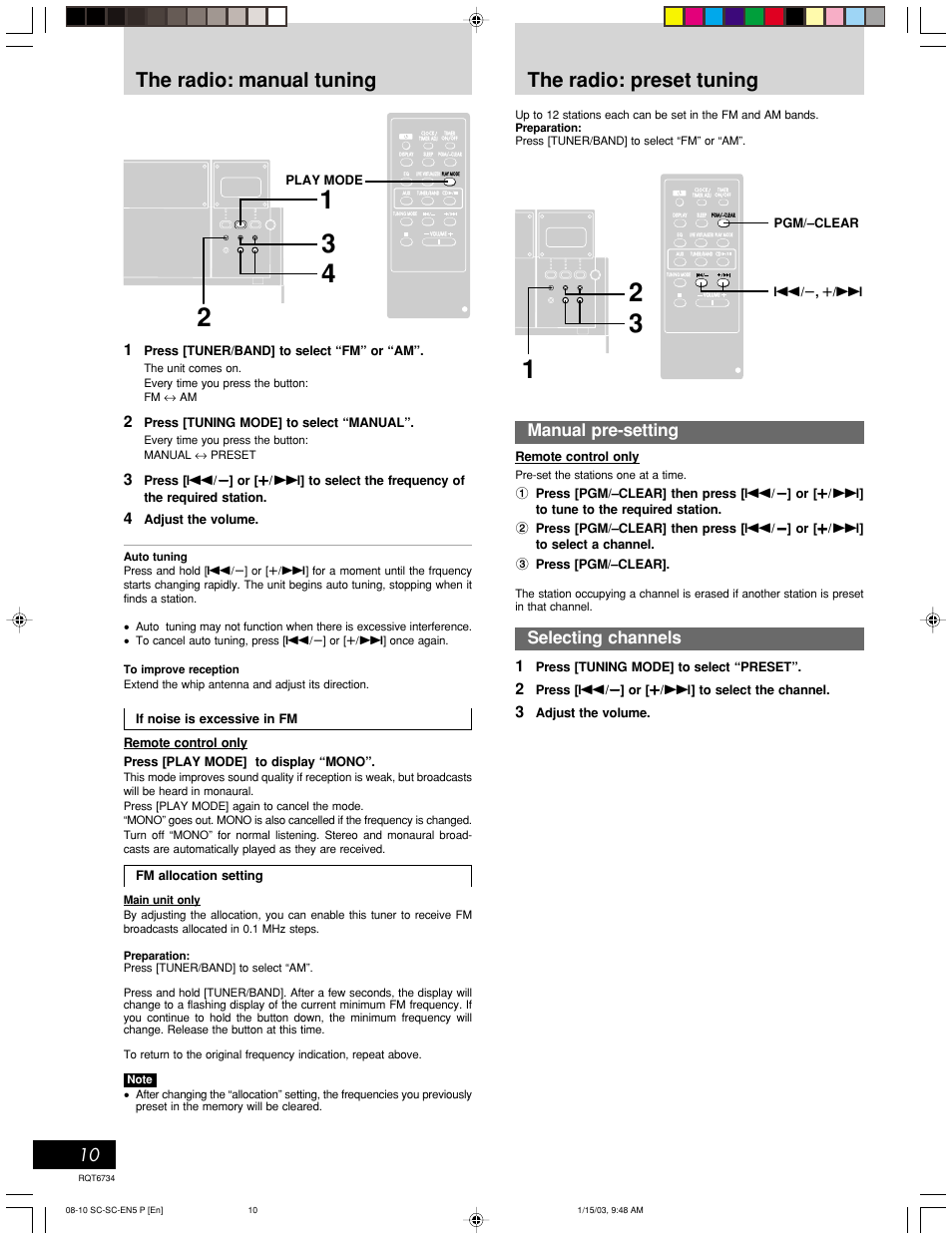 The radio: manual tuning, The radio: preset tuning, Manual pre-setting | Selecting channels, Cassette deck operations | Panasonic SC-EN53 User Manual | Page 10 / 16