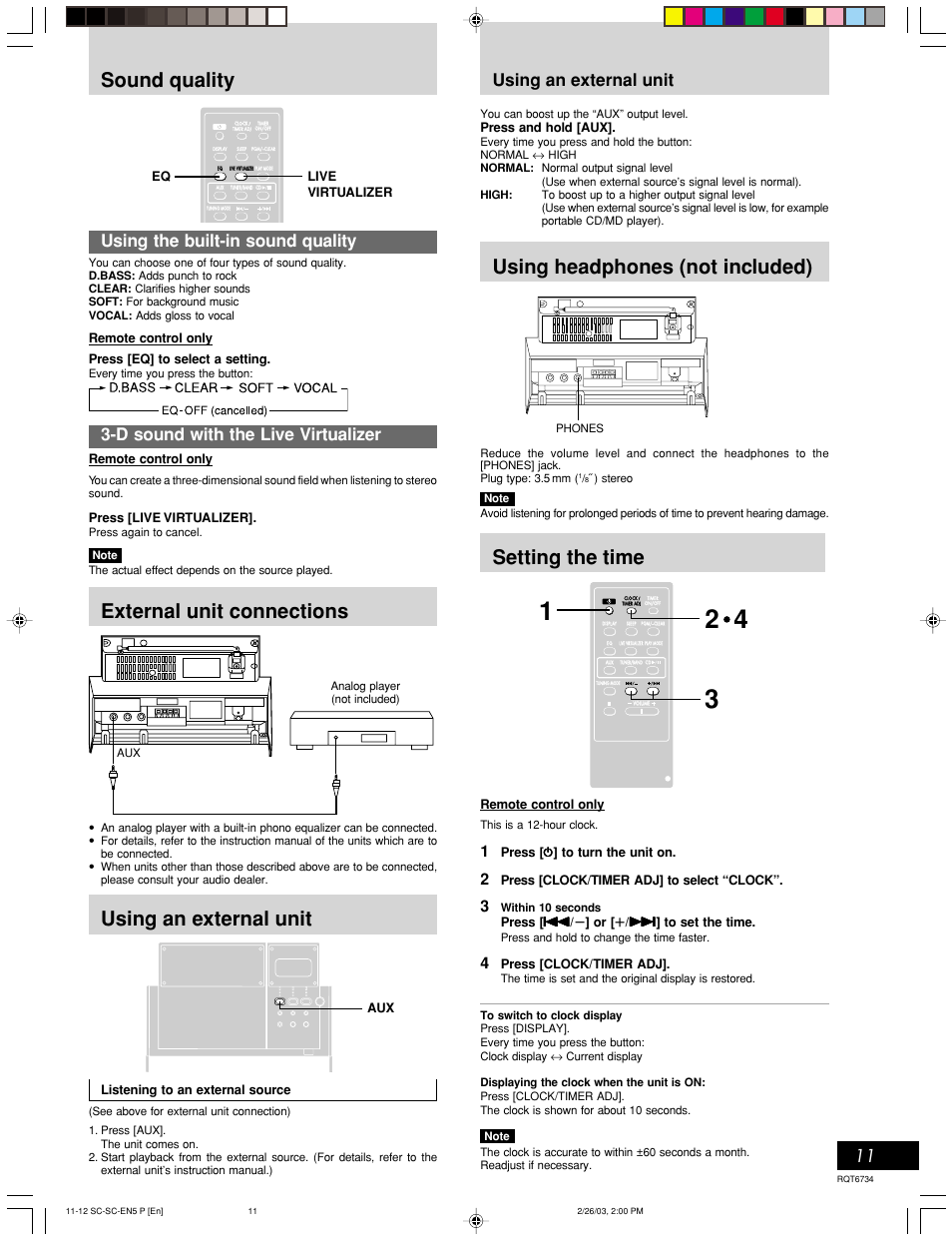 Sound quality, External unit connections, Using an external unit | Using headphones (not included), Setting the time, Using the built-in sound quality, D sound with the live virtualizer, Timer operations, Reference, Remote control only | Panasonic SC-EN53 User Manual | Page 11 / 16