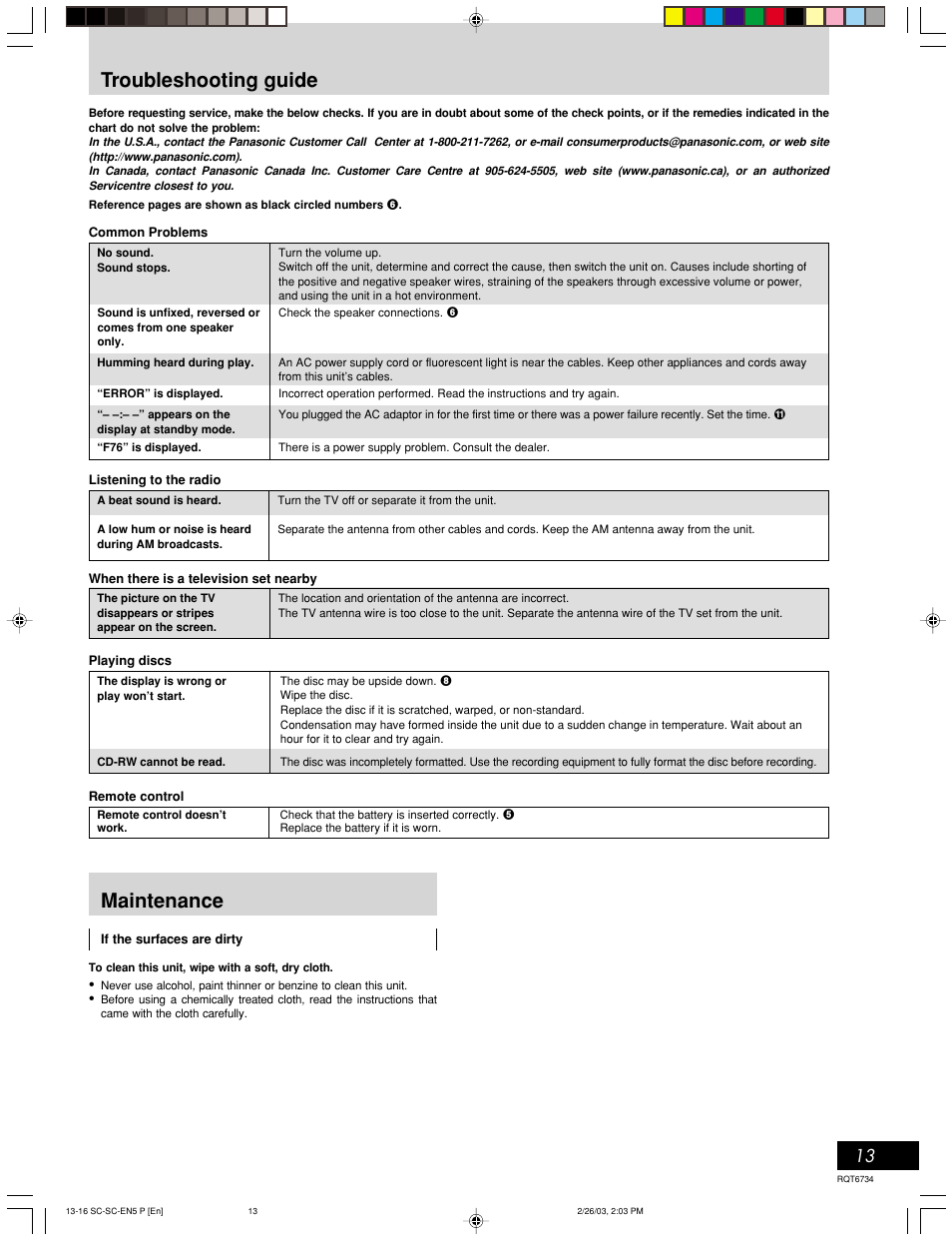 Troubleshooting guide, Maintenance | Panasonic SC-EN53 User Manual | Page 13 / 16