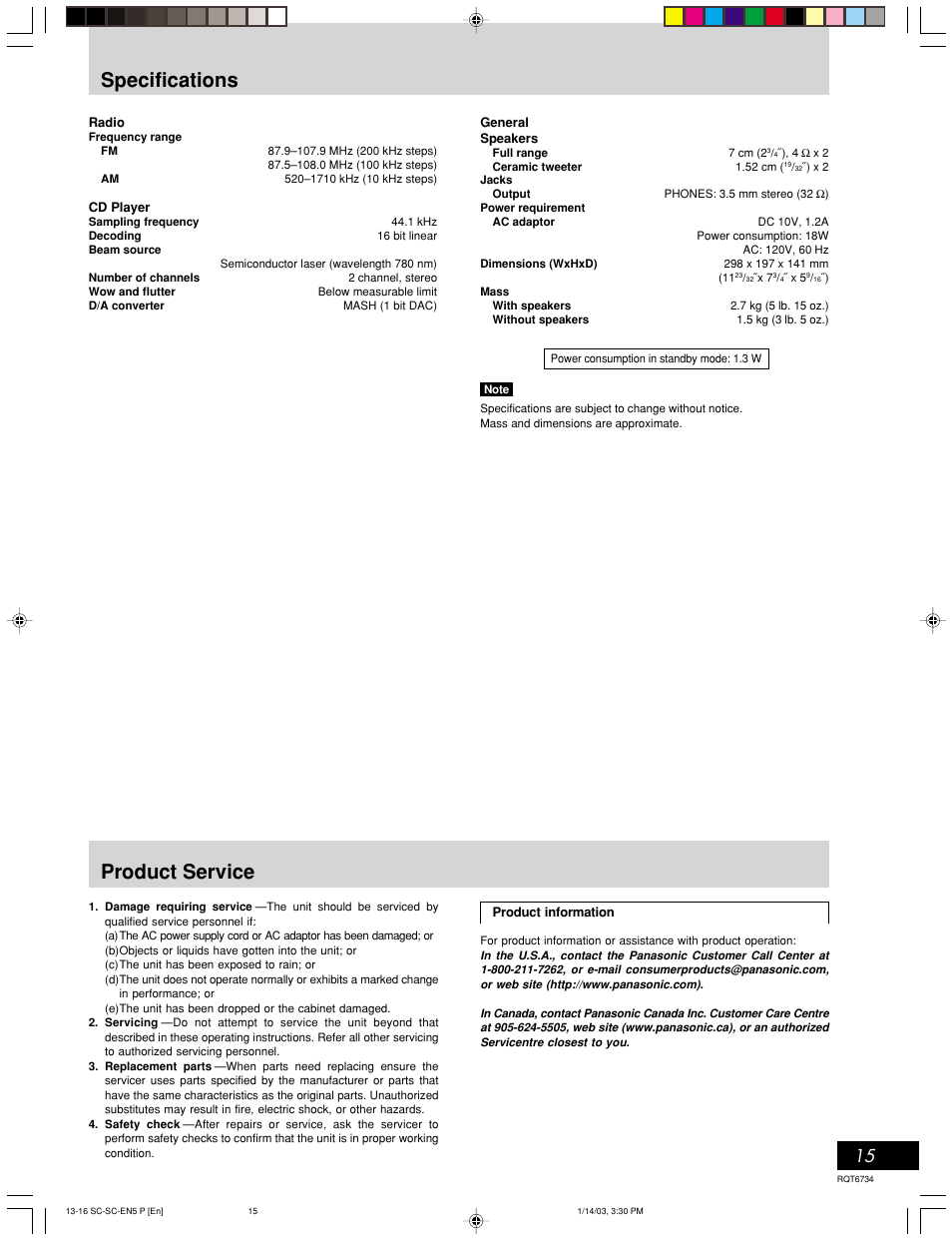 Specifications, Product service | Panasonic SC-EN53 User Manual | Page 15 / 16