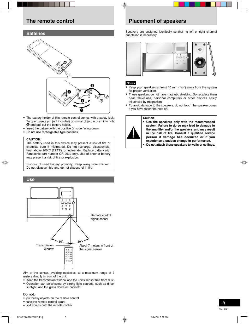 The remote control, Placement of speakers, The remote control placement of speakers | 5batteries | Panasonic SC-EN53 User Manual | Page 5 / 16