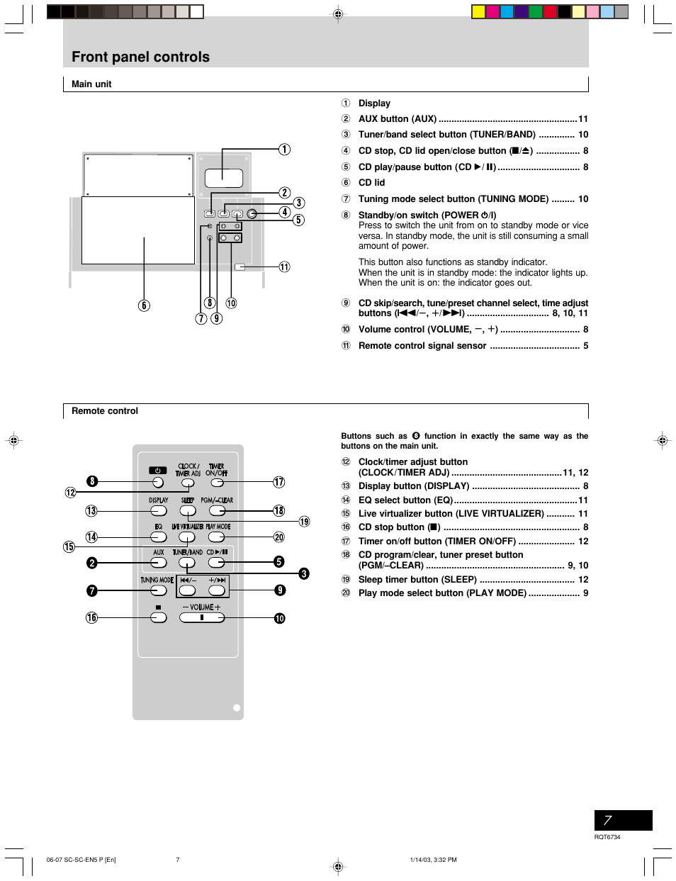 Front panel controls | Panasonic SC-EN53 User Manual | Page 7 / 16