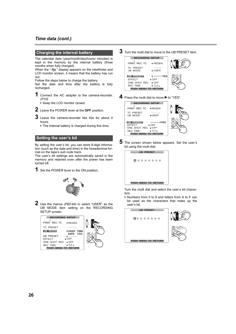 Charging the internal battery, Setting the user’s bit, 26 time data (cont.) | Panasonic AG-DVC60P User Manual | Page 26 / 82