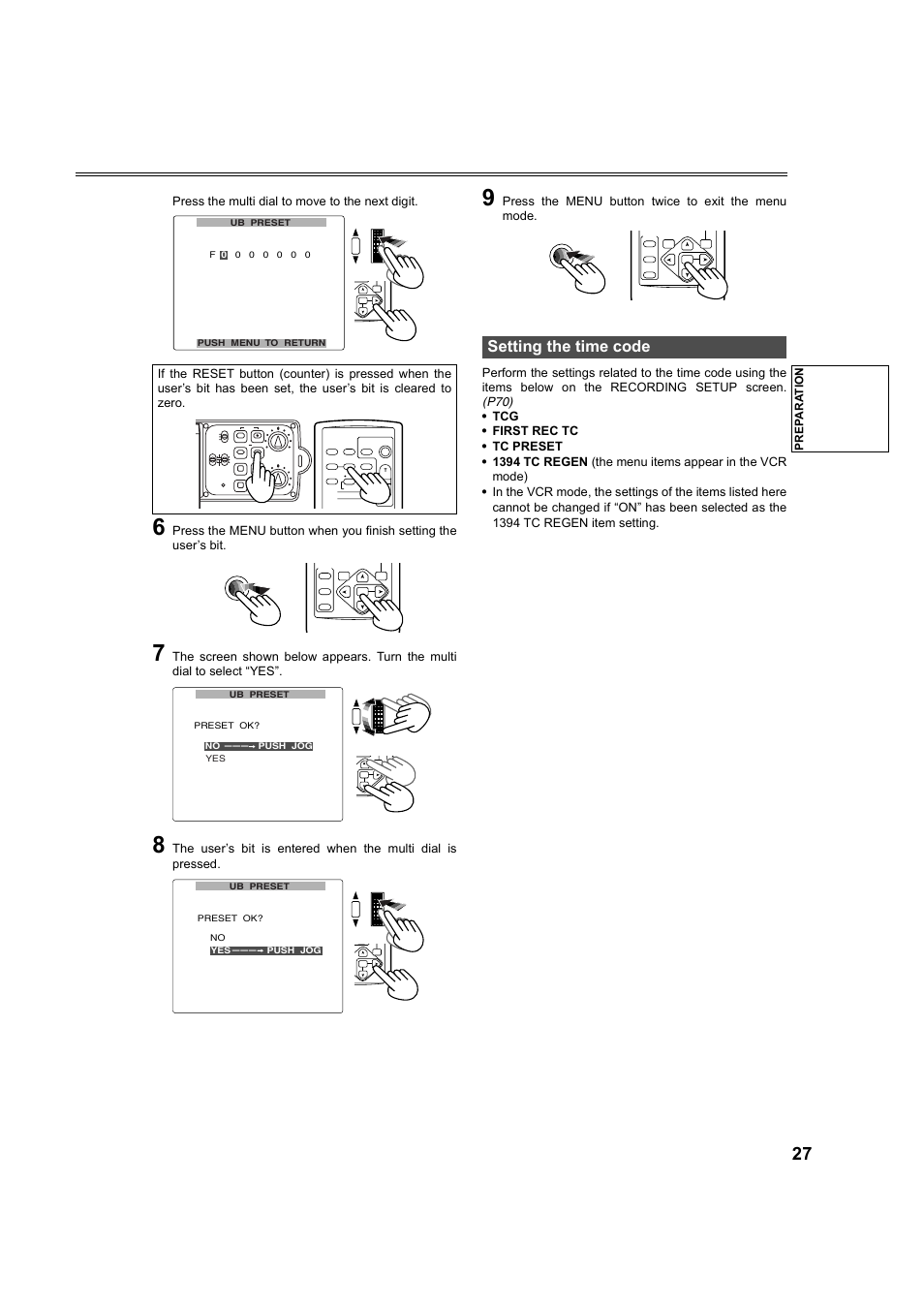 Setting the time code, Press the multi dial to move to the next digit, Prep ara tion | Panasonic AG-DVC60P User Manual | Page 27 / 82