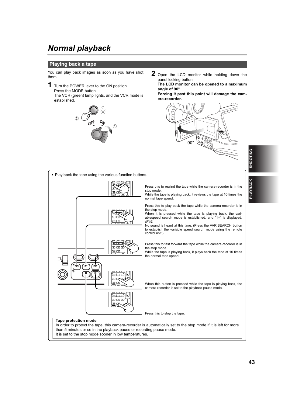 Normal playback, Playing back a tape, P43, 48, 5 | P43, 4, Pla y back sh ooting, Lcc lk lcc lk cam vcr | Panasonic AG-DVC60P User Manual | Page 43 / 82