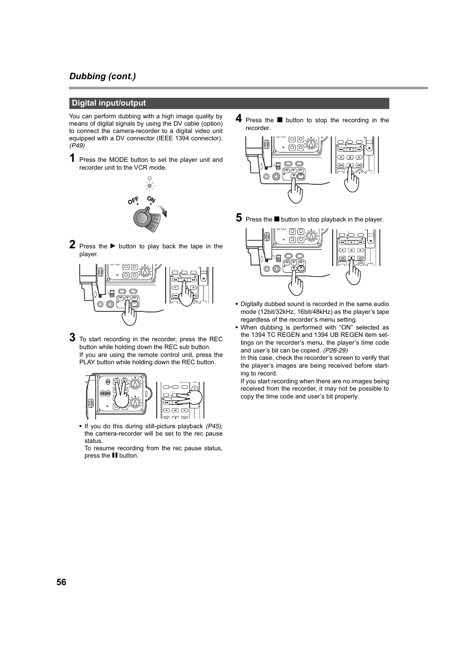 Digital input/output, 56 dubbing (cont.), Lcc lk lcc lk cam vcr | Power | Panasonic AG-DVC60P User Manual | Page 56 / 82