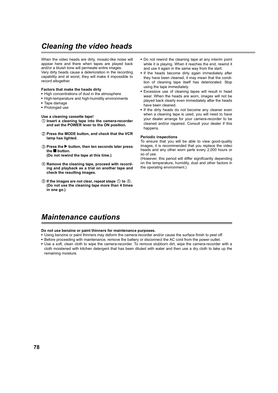Cleaning the video heads, Maintenance cautions | Panasonic AG-DVC60P User Manual | Page 78 / 82