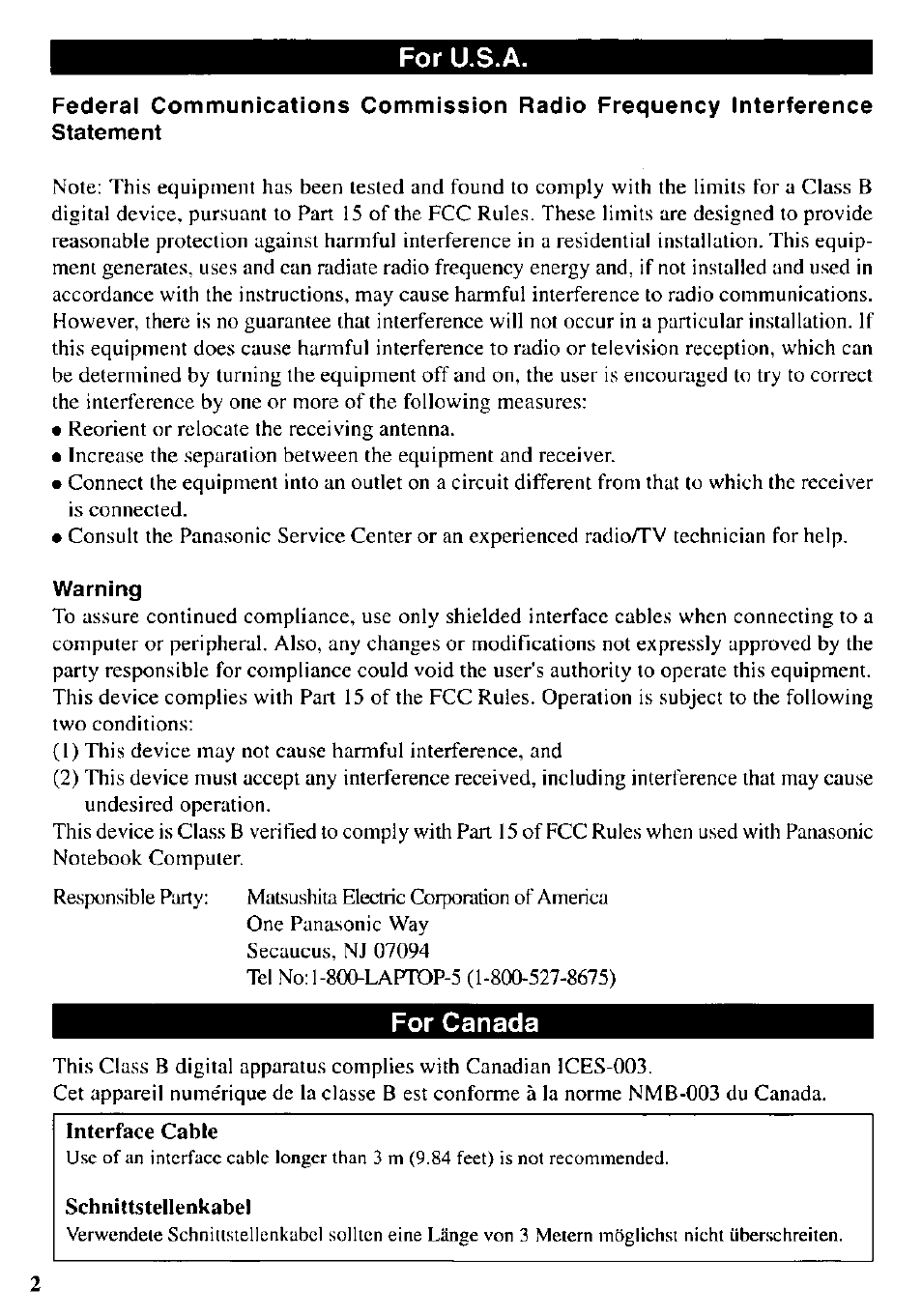 For u.s.a, Warning, For canada | Interface cable | Panasonic CF-VEB342 User Manual | Page 2 / 28