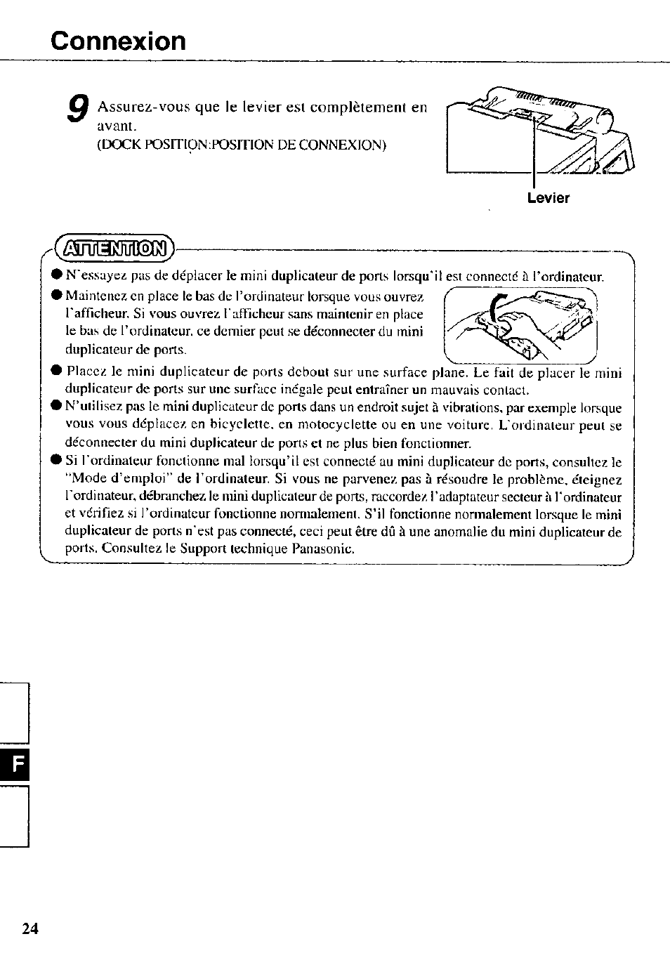 Q assurez-vous que le levier esl complètement en, Alîtienmion, Connexion | Panasonic CF-VEB342 User Manual | Page 24 / 28
