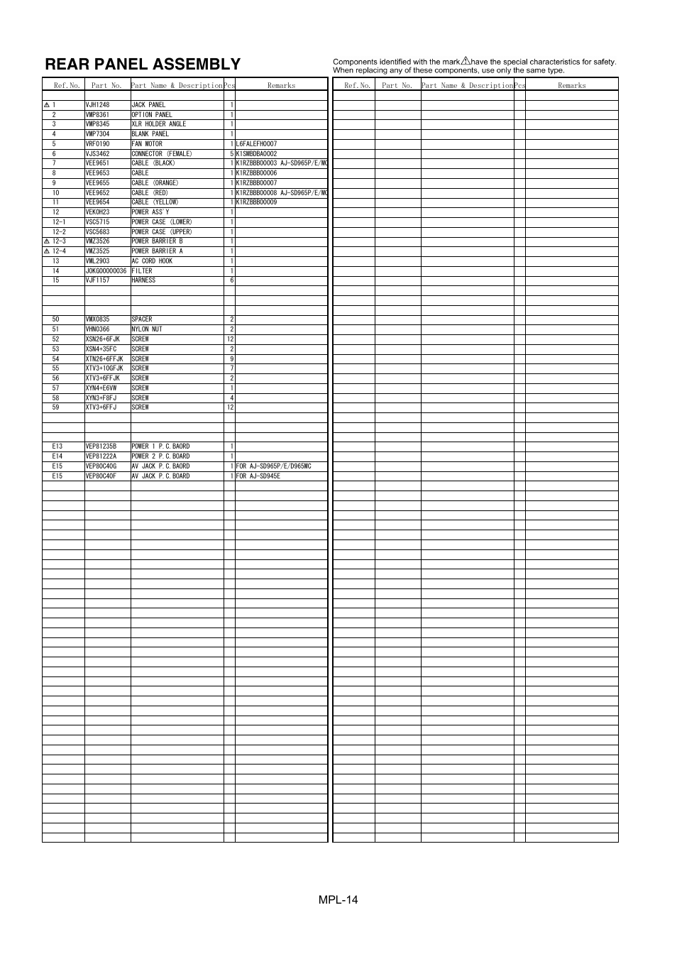 Rear panel assembly, Mpl-14 | Panasonic AJ-D965MC User Manual | Page 15 / 21