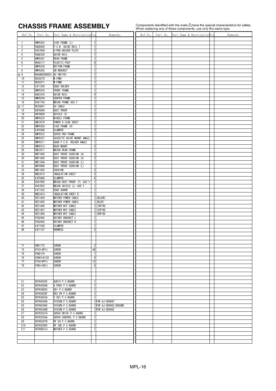 Chassis frame assembly, Mpl-16 | Panasonic AJ-D965MC User Manual | Page 17 / 21
