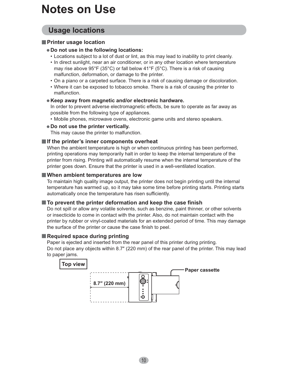 Notes on use, Usage locations | Panasonic KX-PX10M User Manual | Page 10 / 112